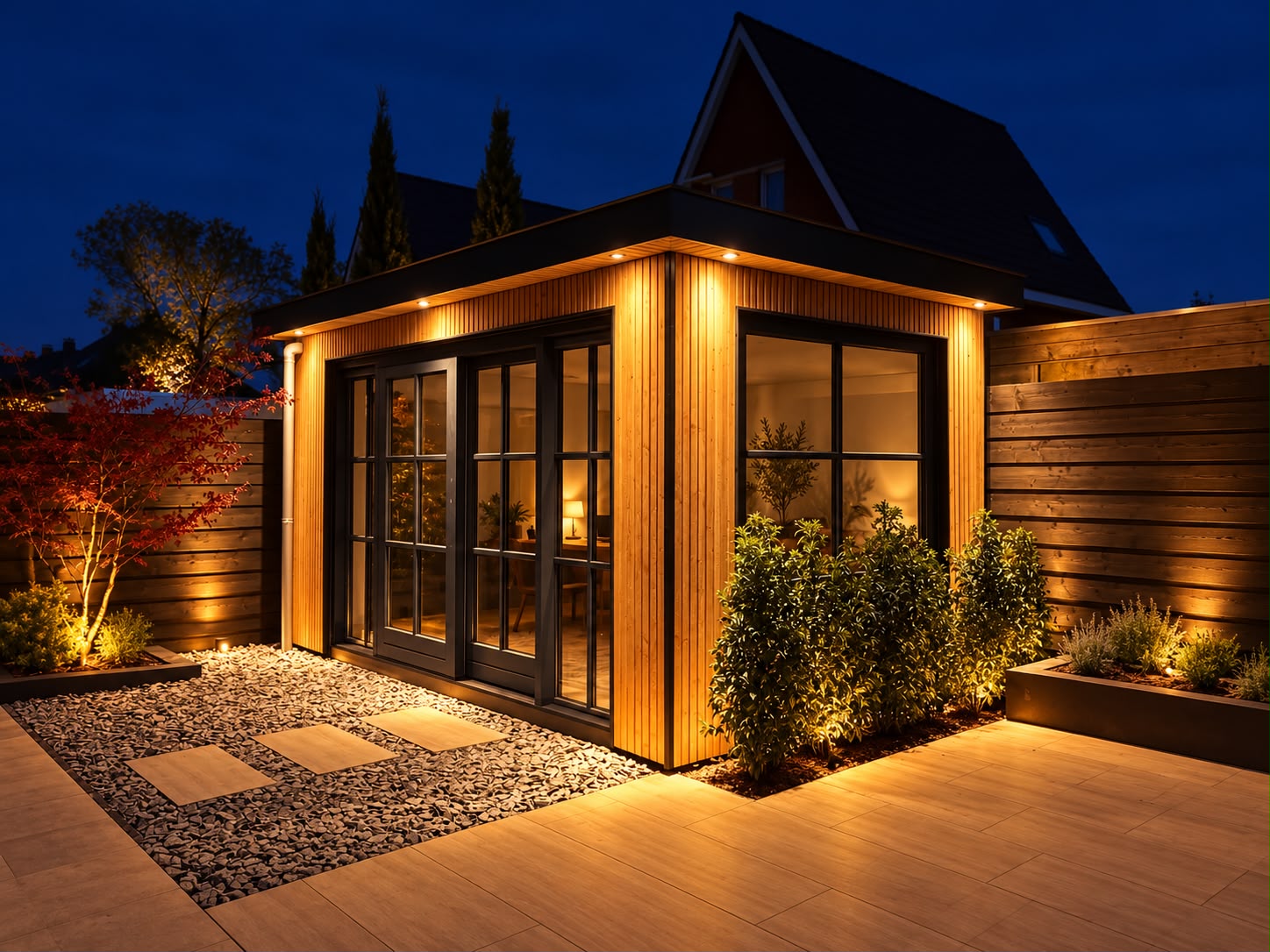 Houten tuinkamer met zwarte deuren en warme avondverlichting
